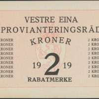1919 2 kroner, rabatmerke Vestre Eina provianteringsråd, 0/01