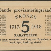 1917/18 5 kroner, rabatmerke Sande provianteringsraad, 1+/01
