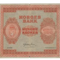 1946 100 kroner A.9566417, Brettrift/mitt hull, 1-/2