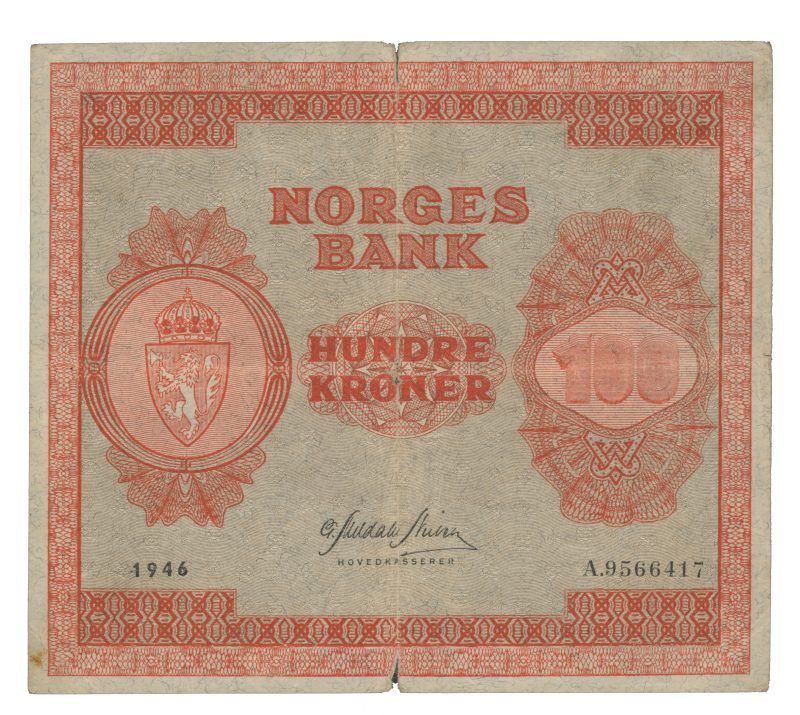 1946 100 kroner A.9566417, Brettrift/mitt hull, 1-/2