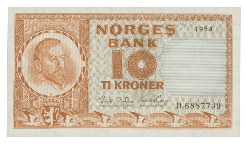 1954 10 kroner D. 6887739, Brofoss/thorp, 0/01
