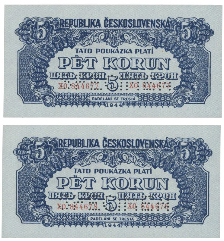 1944 Tsjekkoslovakia 5 korun, 2 stk. i nr. rekkefølge, specimen, 0