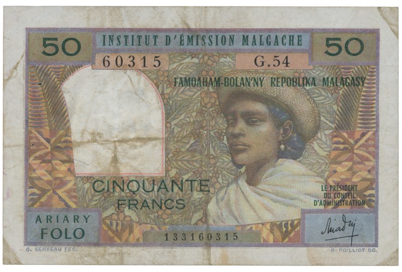 1964-1970 Madagaskar 50 francs, Miadana, 1-/2