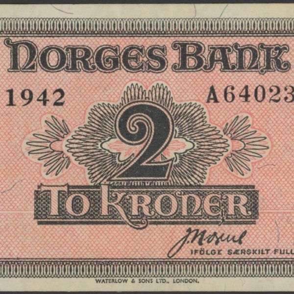 1942 2 kroner A640234, Londonseddel, flekker, 1/1+