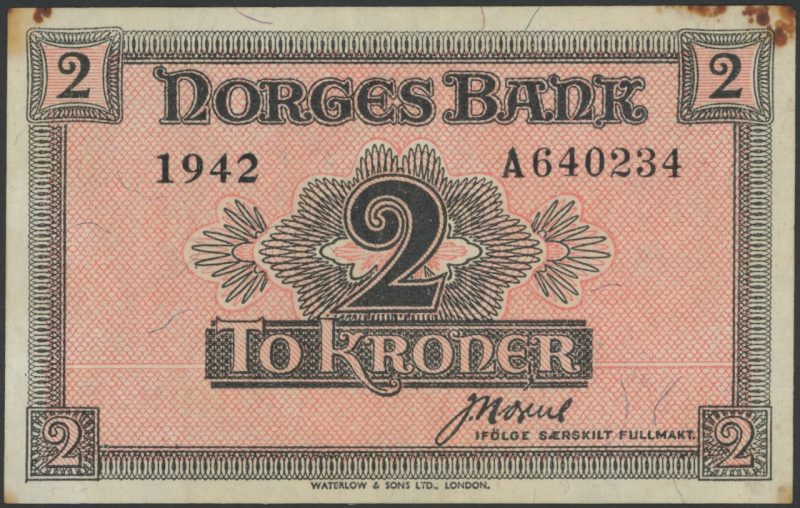 1942 2 kroner A640234, Londonseddel, flekker, 1/1+