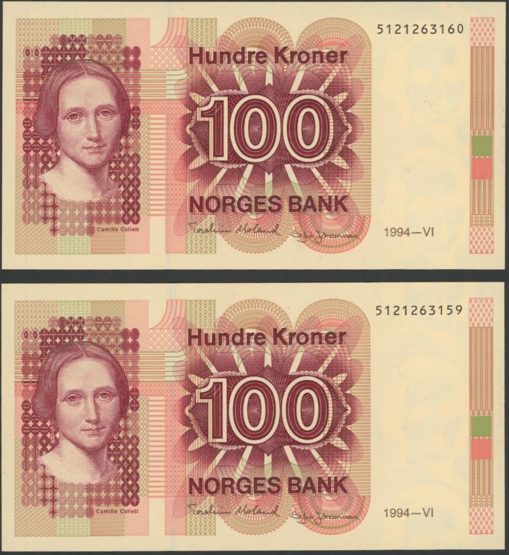 1994 100 kroner 2 stk. i nr. rekkefølge 5121263159-60, 0/01