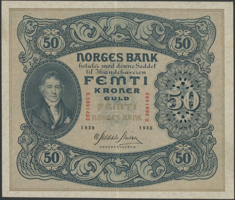 1938 50 kroner B.5691493, flekker, 1