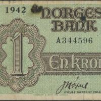 1942 1 krone A344596, Londonseddel, flekker og hull, 1/1-