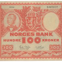 1954 100 kroner D.0670357, 4. utgave, Brofoss/Thorp, 1/1-