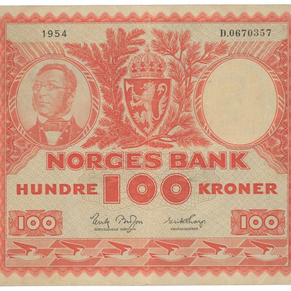 1954 100 kroner D.0670357, 4. utgave, Brofoss/Thorp, 1/1-