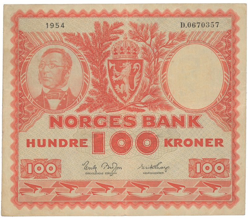 1954 100 kroner D.0670357, 4. utgave, Brofoss/Thorp, 1/1-