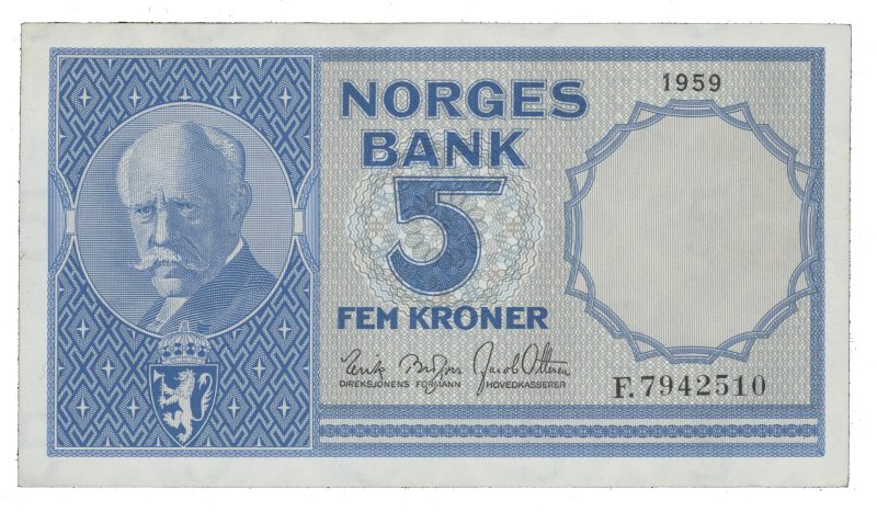 1959 5 kroner F.7942510, 4. utgave, 1+/01
