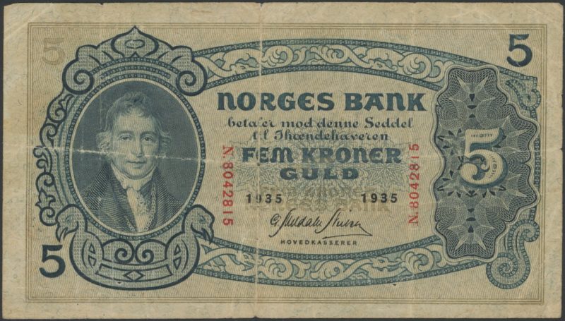 1935 5 kroner N.8042815, 2. utg., bretthull, 1-2