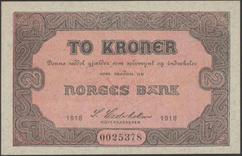 1918 2 kroner 0025378, skillemyntseddel type I, 0/01