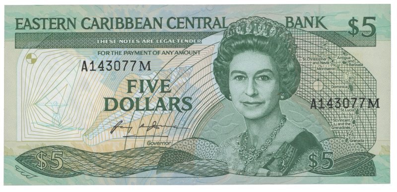1985-1988 Eastern Caribbean 5 dollars, Monserrat, 0
