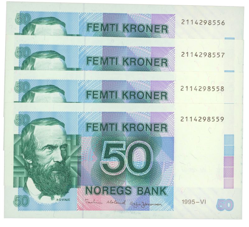 1995 50 kroner 2114298556-59, lott 4 stk. i rekkefølge, 0/01