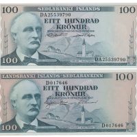 1957 og 1961 Island 100 kronur, 6 siffer og 8 siffer, 01 og 0
