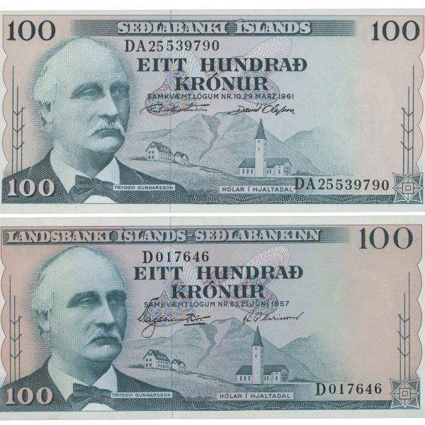 1957 og 1961 Island 100 kronur, 6 siffer og 8 siffer, 01 og 0