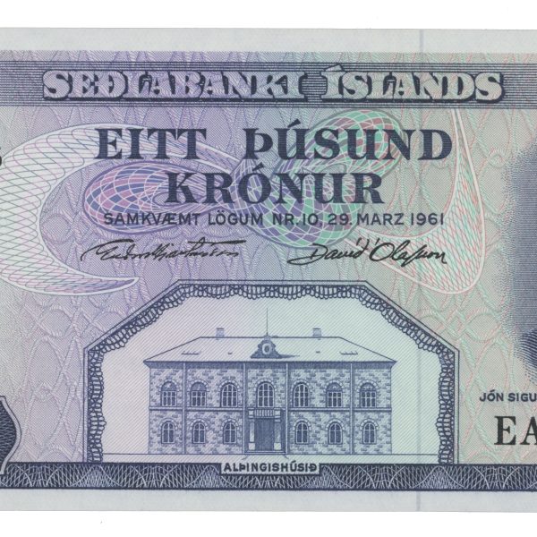 1961 (1963) Island 1000 kronur, liten flekk, 0/01