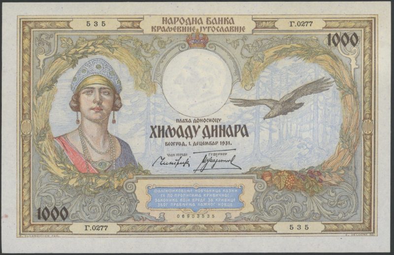 1931 Jugoslavia 1000 dihara, flekk, 1+