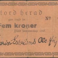 1940 Stord Herad 5 kroner, nødseddel, 1-