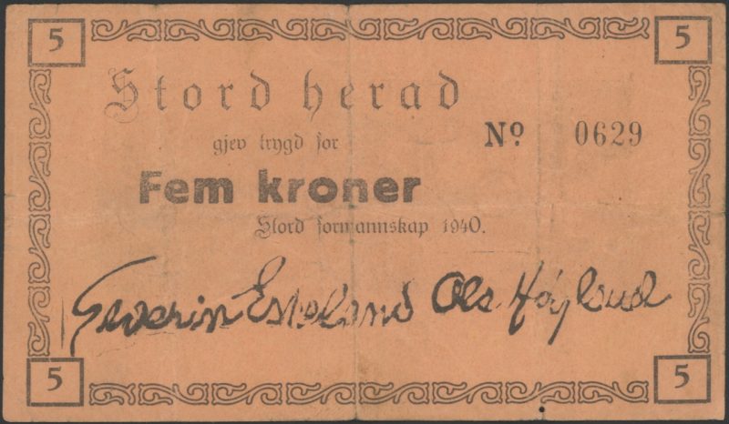 1940 Stord Herad 5 kroner, nødseddel, 1-