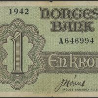 1942 1 krone A646994, Londonseddel, flekker og rift, 1