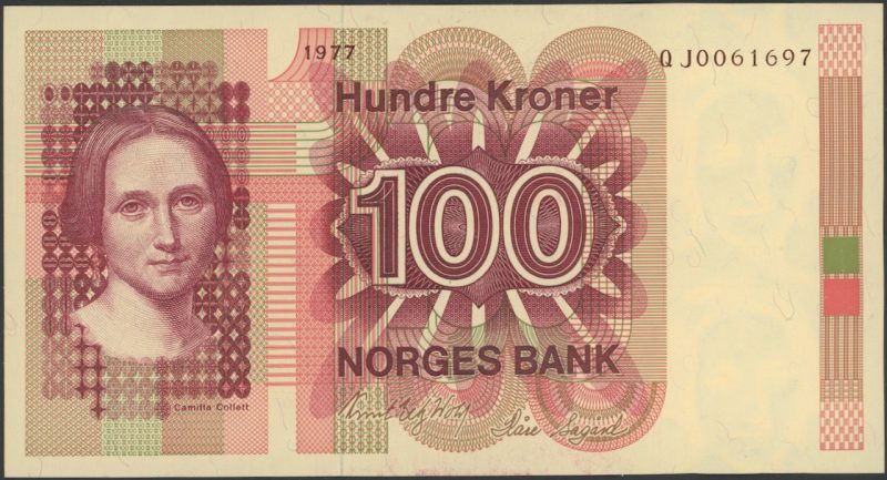 1977 100 kroner QJ0061697, erstatningsseddel, brunt årstall, 0
