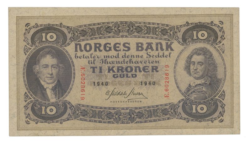 1940 10 kroner Æ6028619, liten flekk, 0/01