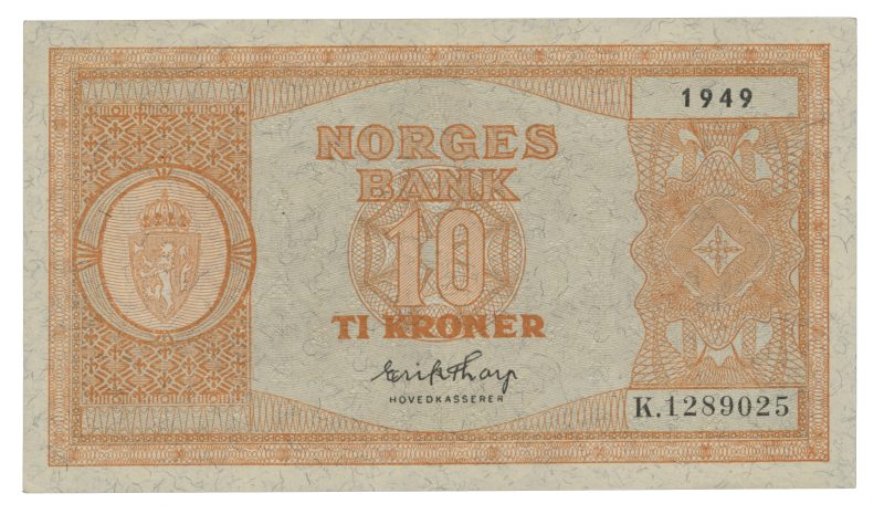 1949 10 kroner K.1289025, 3. utgave, 1+/01