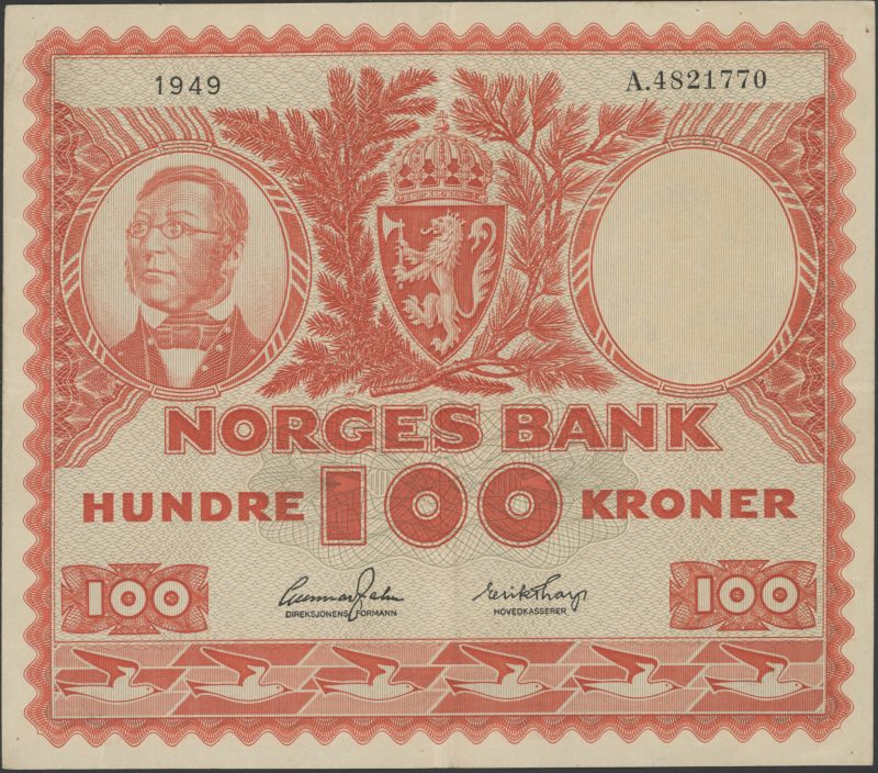 1949 100 kroner A.4821770, lite stifthull, 1/1+