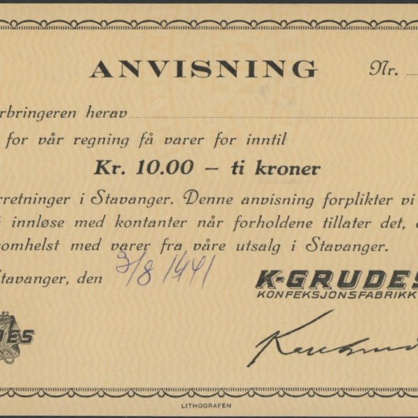 1940/41 10 kroner nr. 717, nødseddel K-Grudes konfeksjonsfabrikk, 0/01