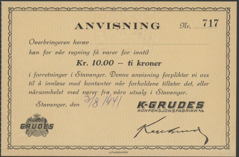 1940/41 10 kroner nr. 717, nødseddel K-Grudes konfeksjonsfabrikk, 0/01