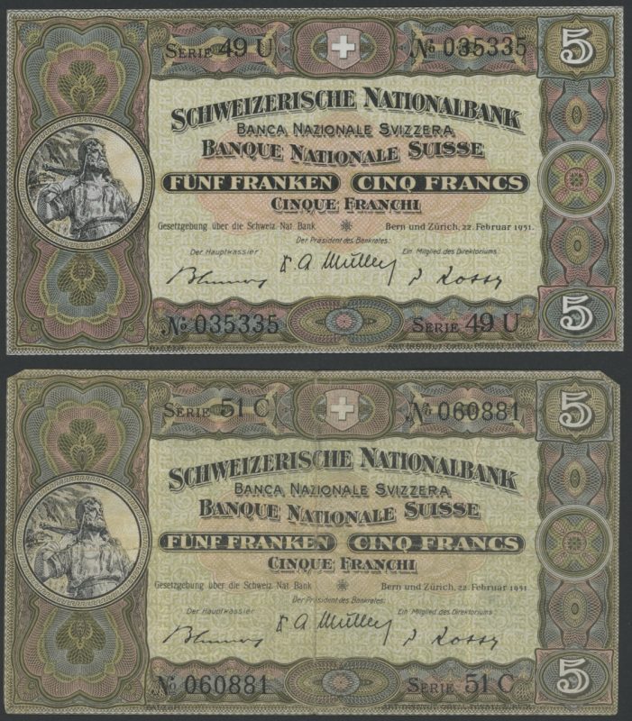 1951 Sveits 5 francs, 2 stk. lik signatur, 01 og 1-