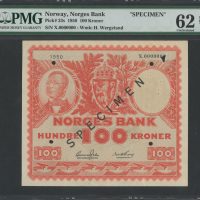 1950 100 kroner X.0000000 specimen, hull/stifthull, PMG 62 NET
