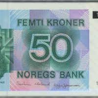 1995 50 kroner 1609960664, sort overtrykk, siste utgave, i folder med 50 øre, 0