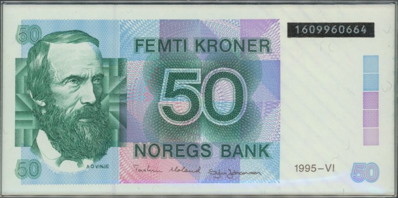 1995 50 kroner 1609960664, sort overtrykk, siste utgave, i folder med 50 øre, 0
