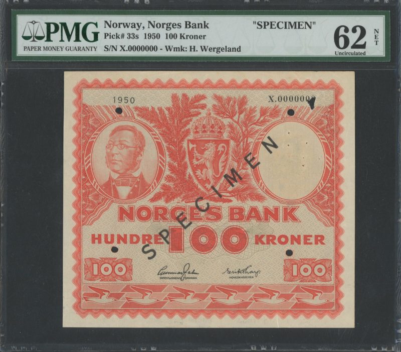 1950 100 kroner X.0000000 specimen, hull/stifthull, PMG 62 NET