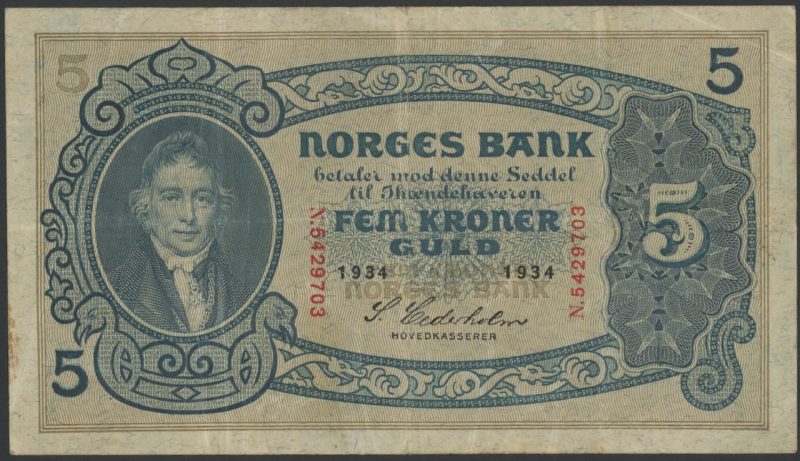 1934 5 kroner N.5429703, 2. utg., 1-