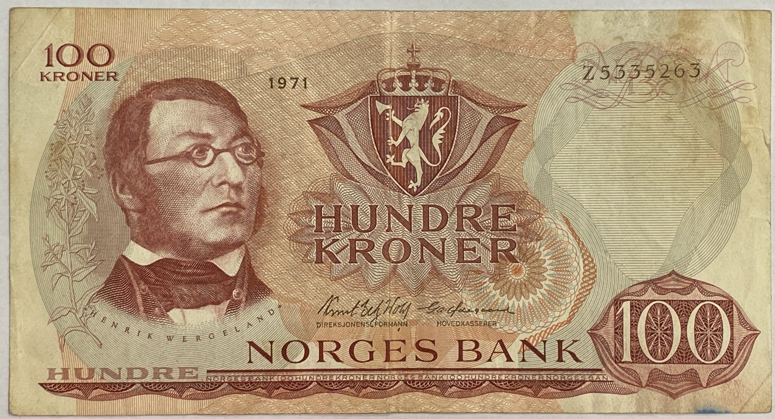 1971 100 kroner Z5335263 erstatning, flekker, 1