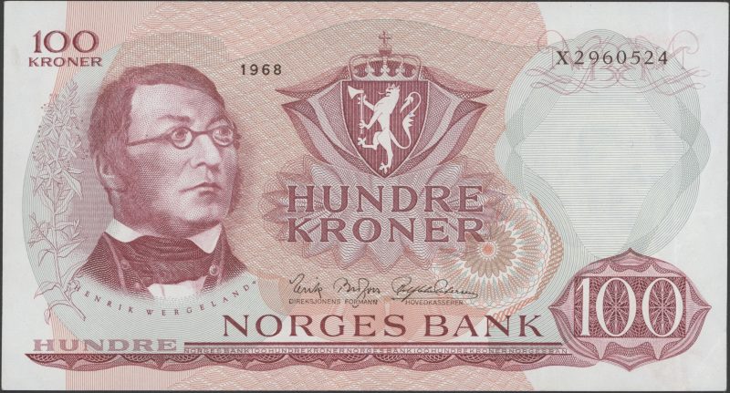 1968 100 kroner X.2960524, erstatningsseddel, 1/1+