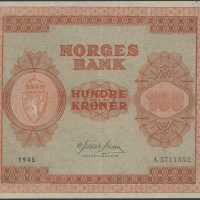 1945 100 kroner A.5711352, lite nålehull, 1+