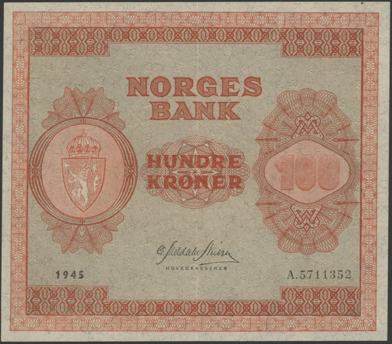 1945 100 kroner A.5711352, lite nålehull, 1+
