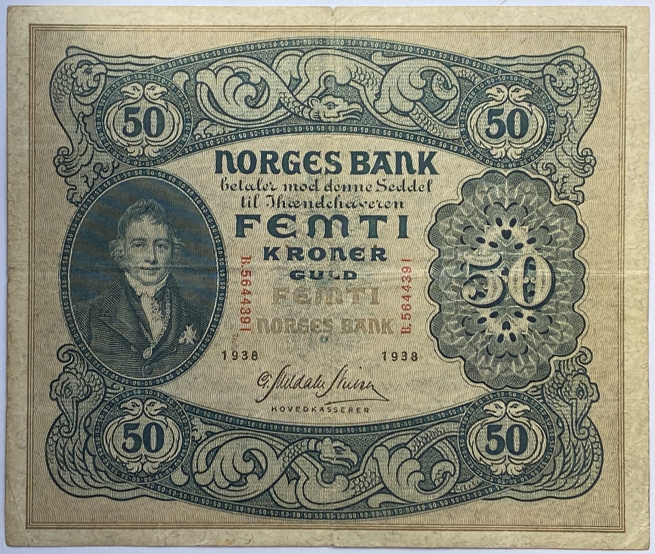 1938 50 kroner B.5644391, lite hull, bretter og rifter, 1-/2