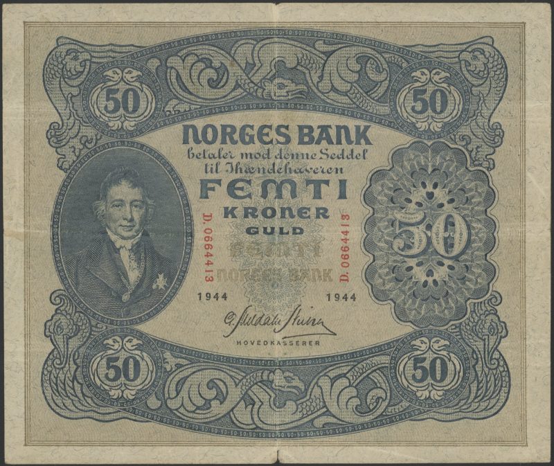 1944 50 kroner D.0664413, 2. utg., liten rift, 1-