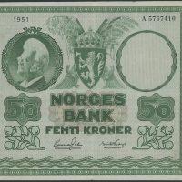 1951 50 kroner A.5767410, 4. utg, flekk rev, 1-