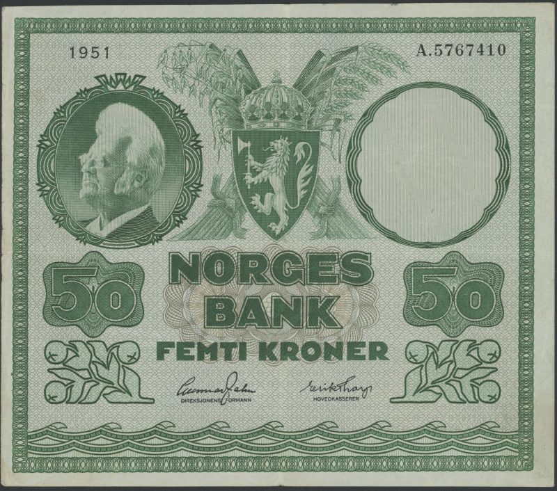 1951 50 kroner A.5767410, 4. utg, flekk rev, 1-