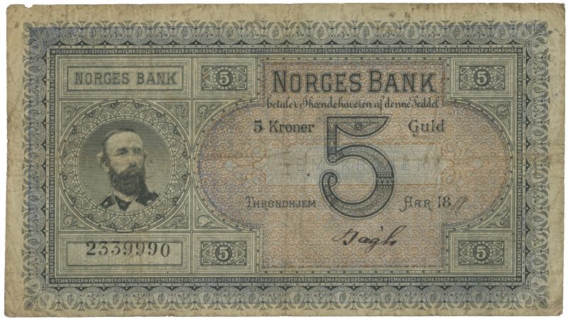 5 kroner 1888 signert av Bøgh