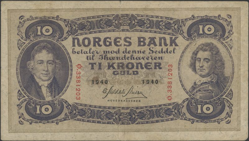 1940 10 kroner Ø.3381203, 2. utg., liten rift, 1-