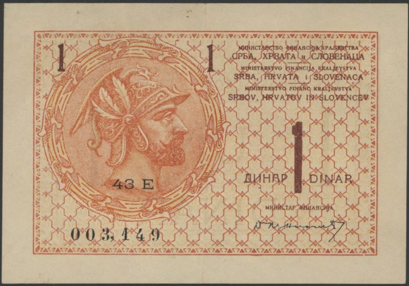 1919 Jugoslavia 1 dinar 43 E 003,149, 1+